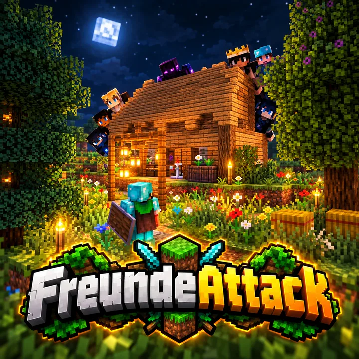 FreundeAttack Logo: ein Holzhaus bei Nacht mit Freunden auf dem Dach